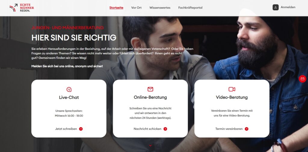 Screenshot der Website www.echte-maenner-reden.de zur niederschwelligen Hilfe in der Krise. Für Jungen und Männer. Gezeigt werden Möglichkeiten zur Kontaktaufnahme per Live-Chat, Online-Beratung und Video-Beratung